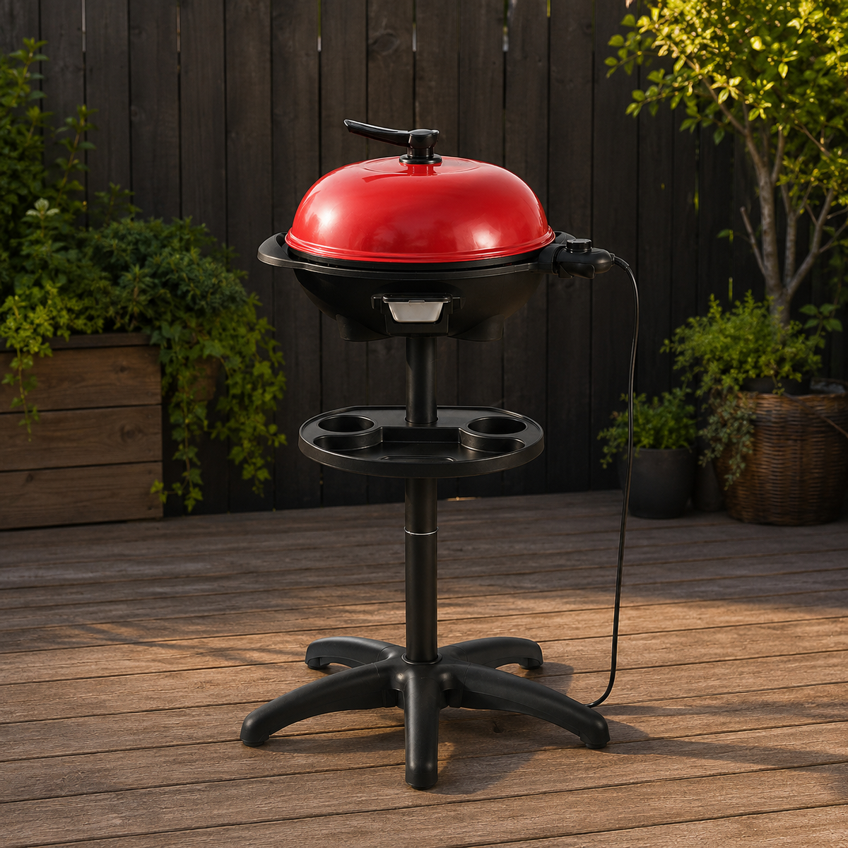 Red pedestal electric grill on a deck