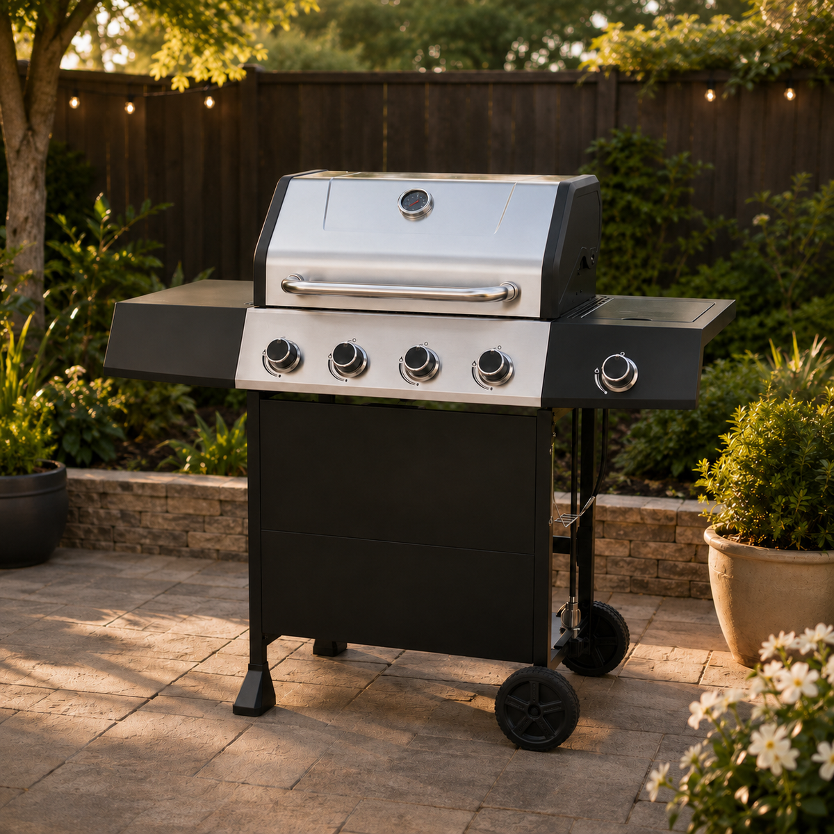 Freestanding gas grill on a patio