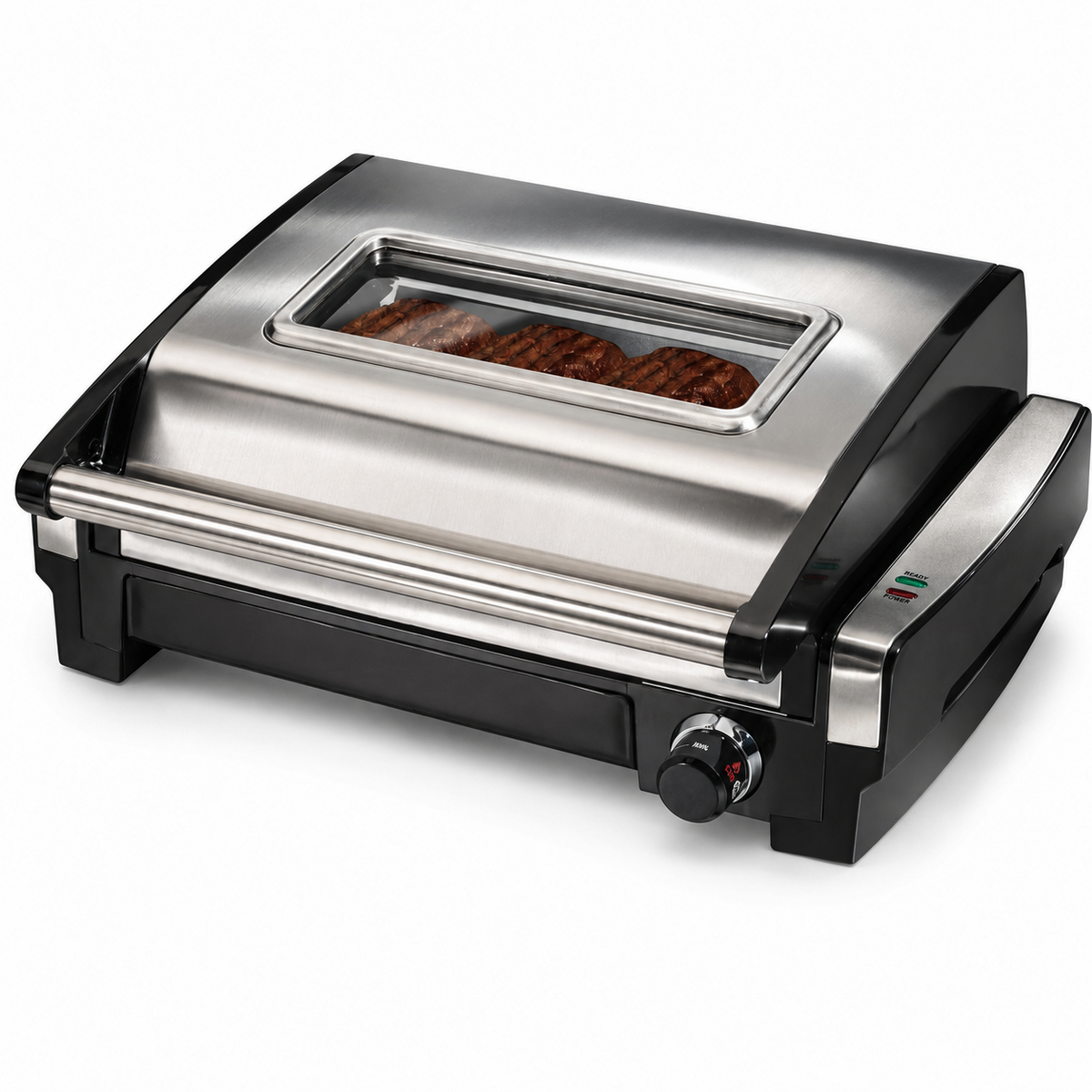 Indoor Electric Grill with Viewing Window and Adjustable Temperature, Stainless Steel