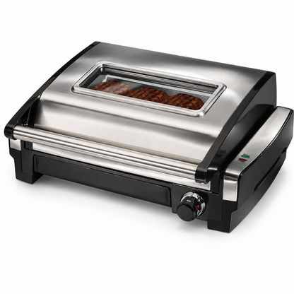 Indoor Electric Grill with Viewing Window and Adjustable Temperature, Stainless Steel