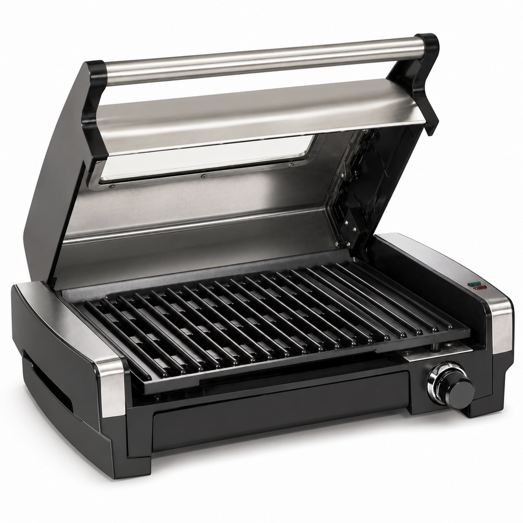 Indoor Electric Grill with Viewing Window and Adjustable Temperature, Stainless Steel
