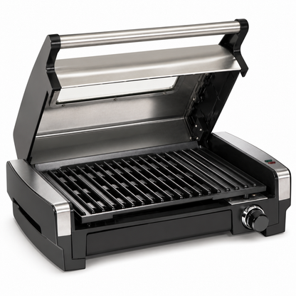 Indoor Electric Grill with Viewing Window and Adjustable Temperature, Stainless Steel