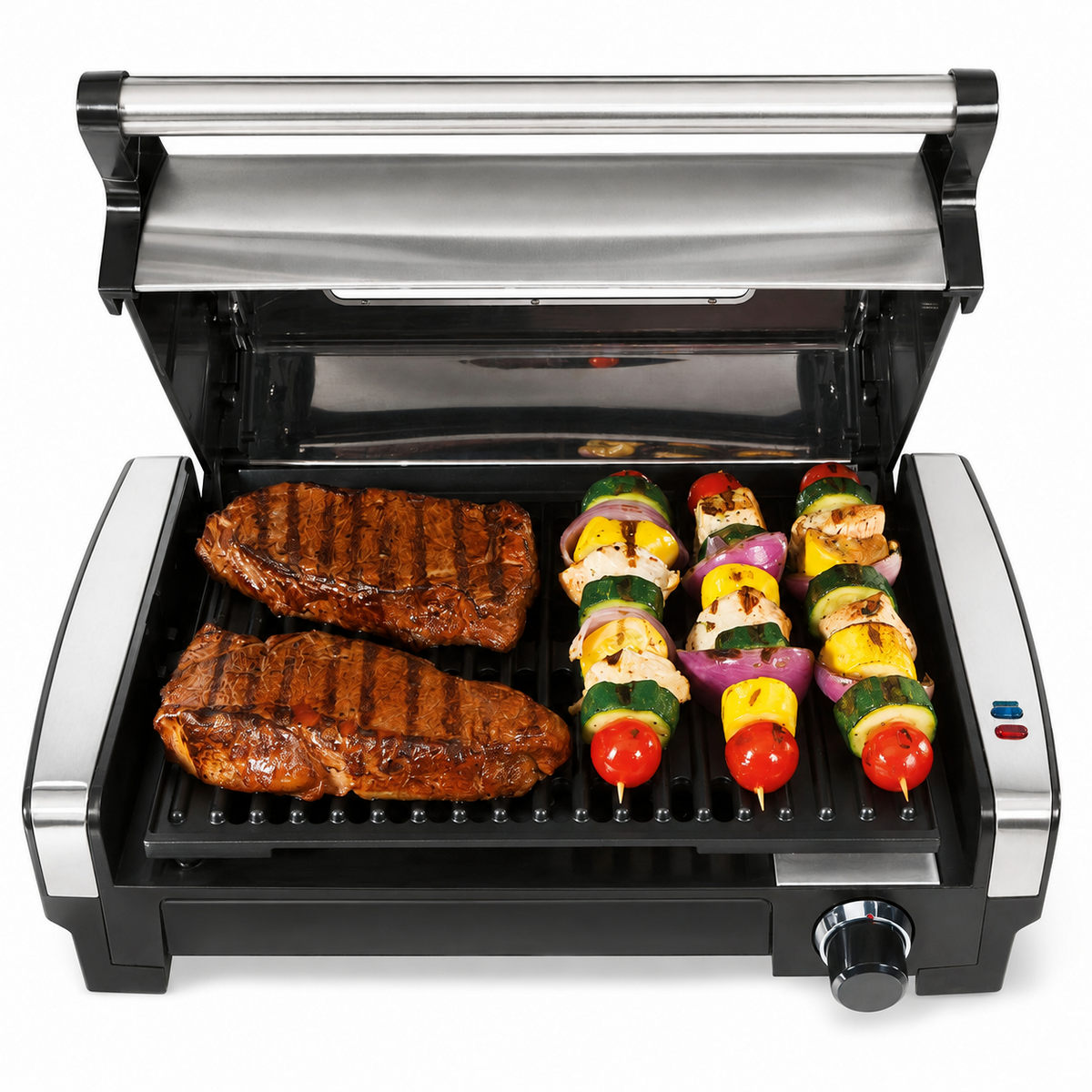Indoor Electric Grill with Viewing Window and Adjustable Temperature, Stainless Steel