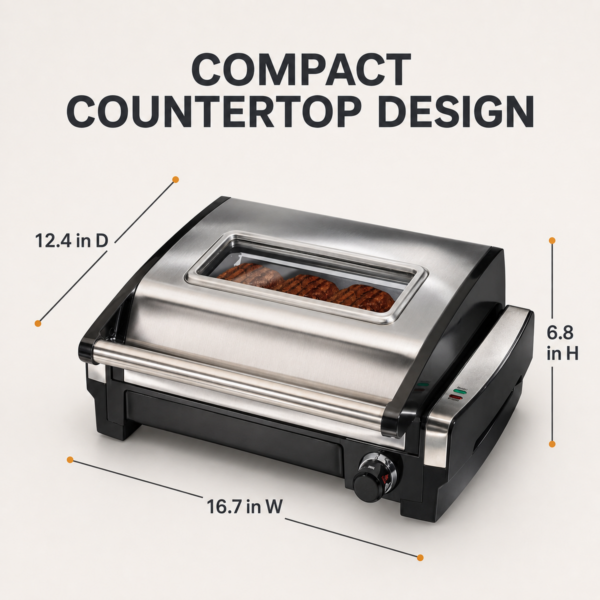 Indoor Electric Grill with Viewing Window and Adjustable Temperature, Stainless Steel