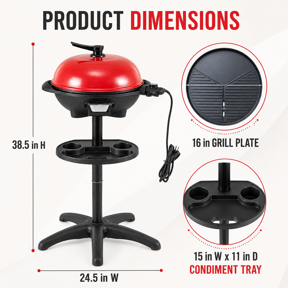 Electric Grill with Removable Stand, 5 Heat Settings and 360° Tray, Red