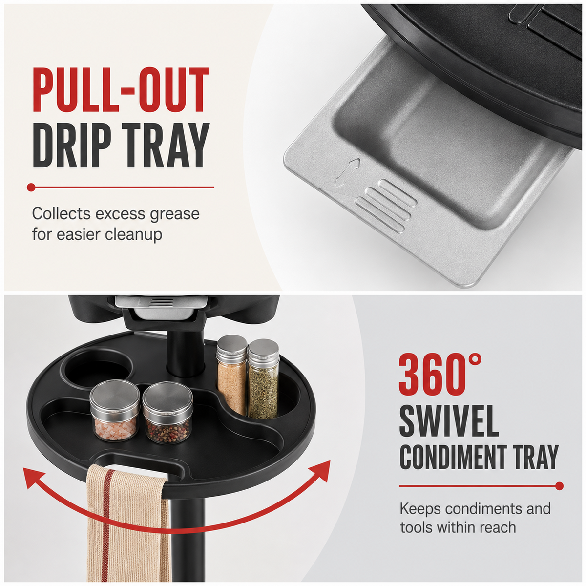 Electric Grill with Removable Stand, 5 Heat Settings and 360° Tray, Red