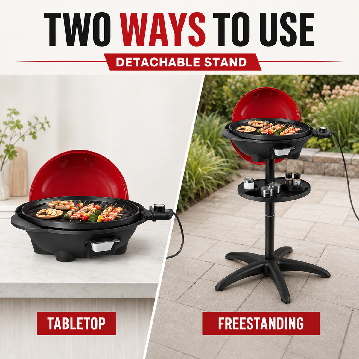 Electric Grill with Removable Stand, 5 Heat Settings and 360° Tray, Red