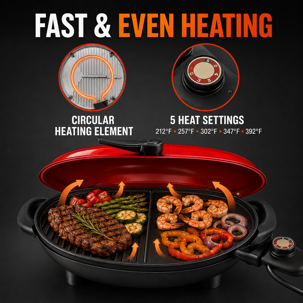 Electric Grill with Removable Stand, 5 Heat Settings and 360° Tray, Red