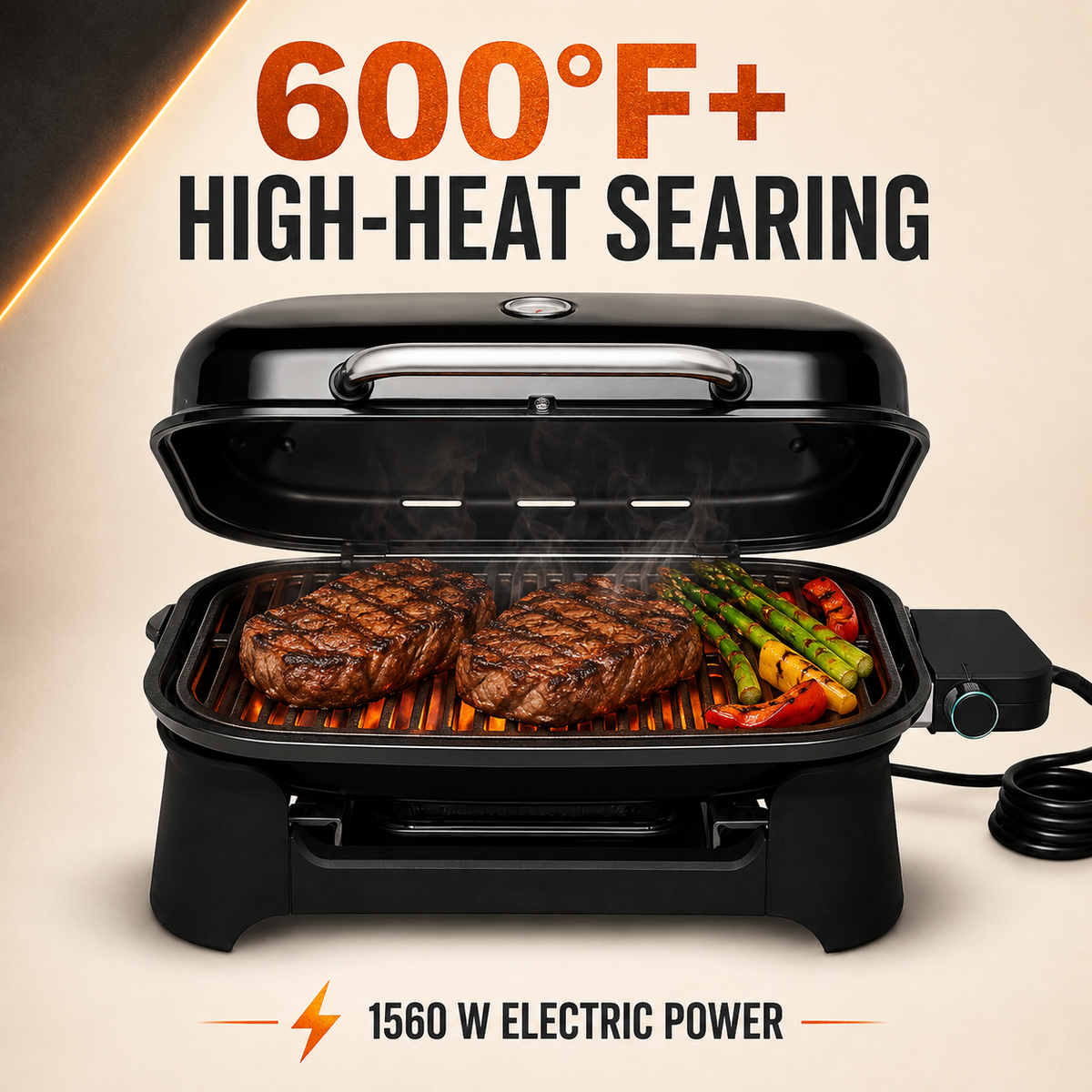 Compact Outdoor Electric Grill with 600°F+ Heat, 242 sq. in., Black