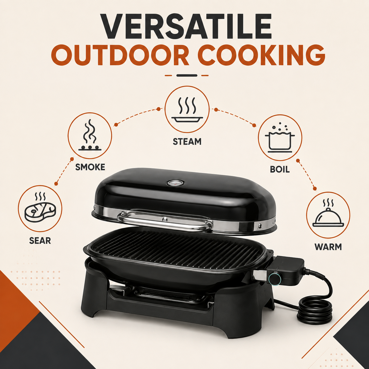 Compact Outdoor Electric Grill with 600°F+ Heat, 242 sq. in., Black