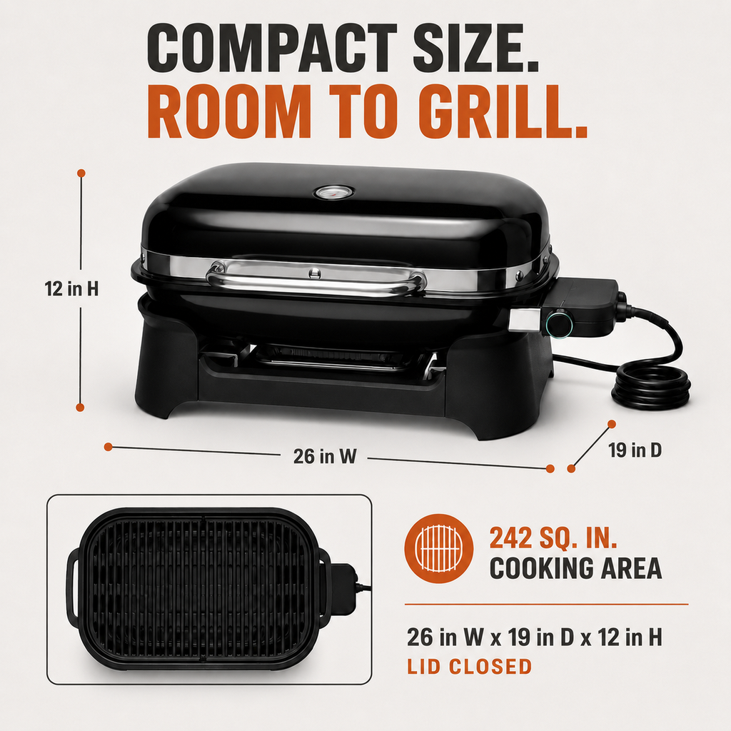 Compact Outdoor Electric Grill with 600°F+ Heat, 242 sq. in., Black