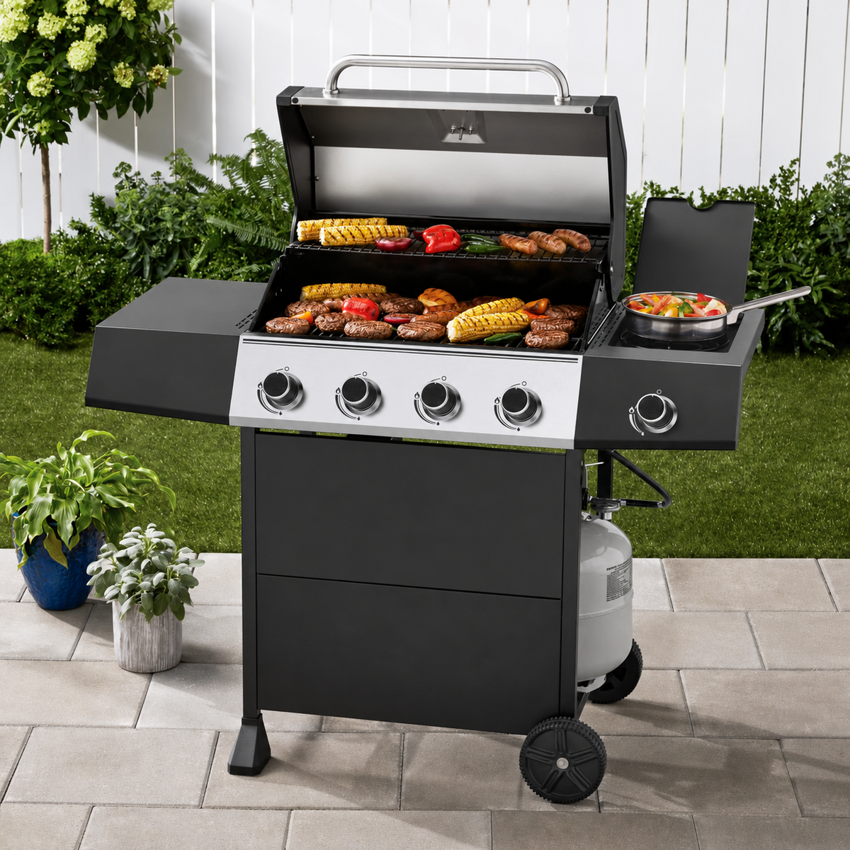 4-Burner Propane Gas Grill with Side Burner, 619 sq. in., Black/Silver