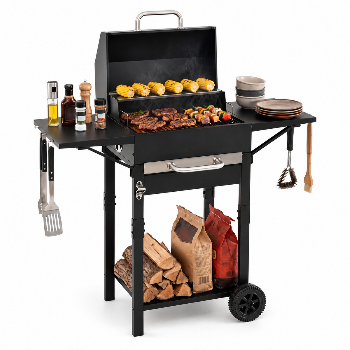 Outdoor Charcoal Smoker Grill with Warming Rack, Side Tables and Wheels, Black