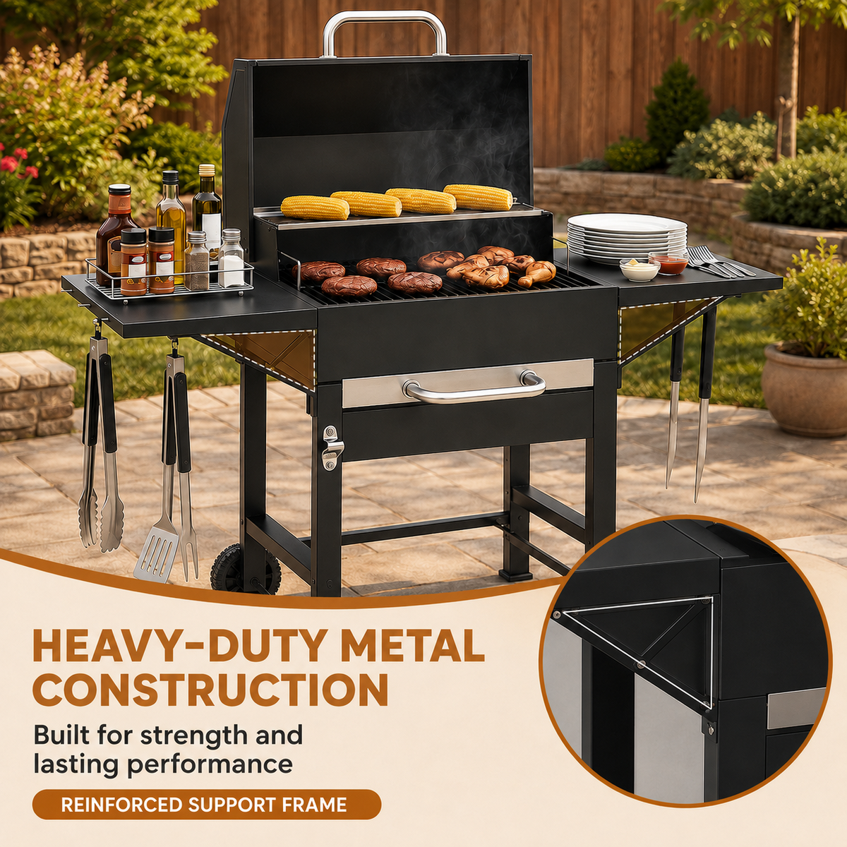 Outdoor Charcoal Smoker Grill with Warming Rack, Side Tables and Wheels, Black