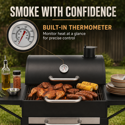 Outdoor Charcoal Smoker Grill with Warming Rack, Side Tables and Wheels, Black