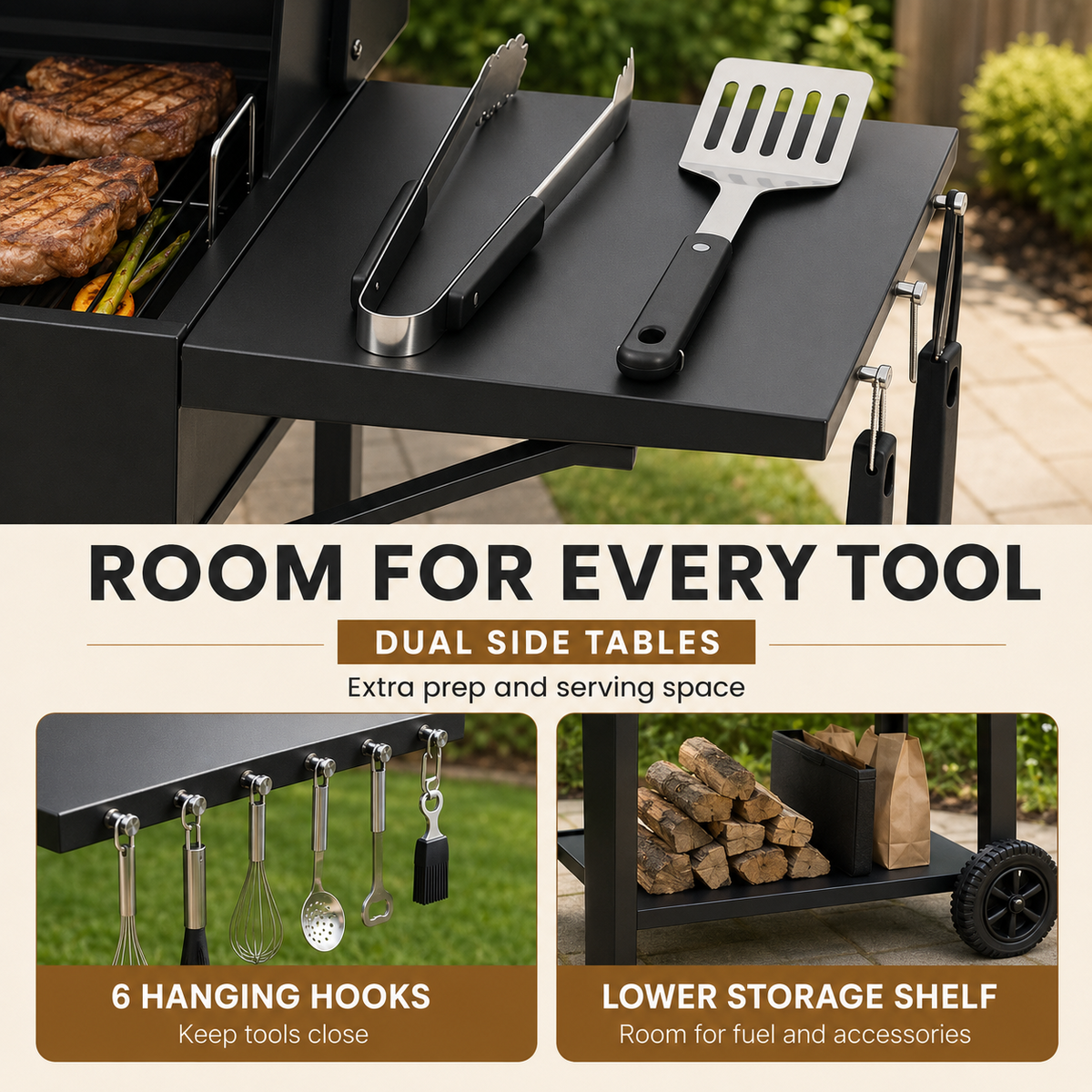 Outdoor Charcoal Smoker Grill with Warming Rack, Side Tables and Wheels, Black