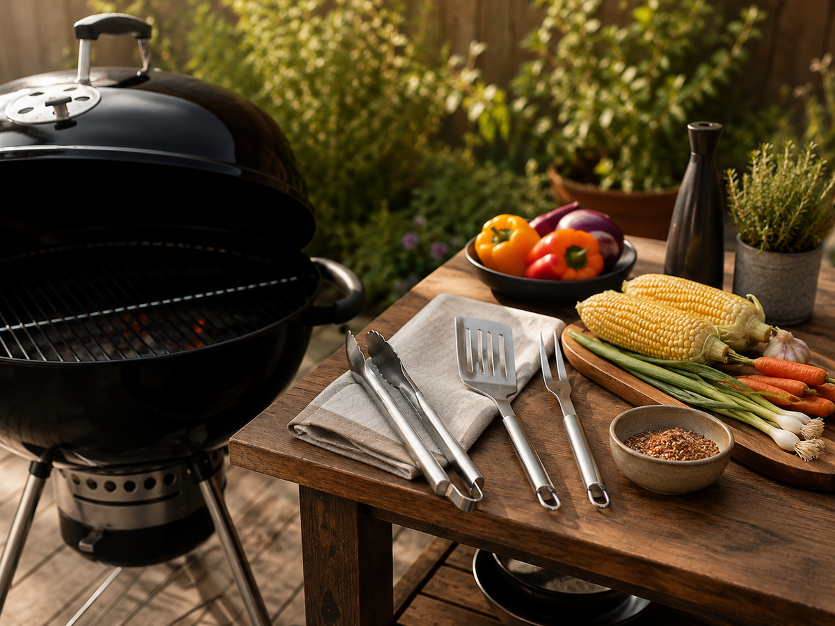 Charcoal grill and organized outdoor cooking preparation
