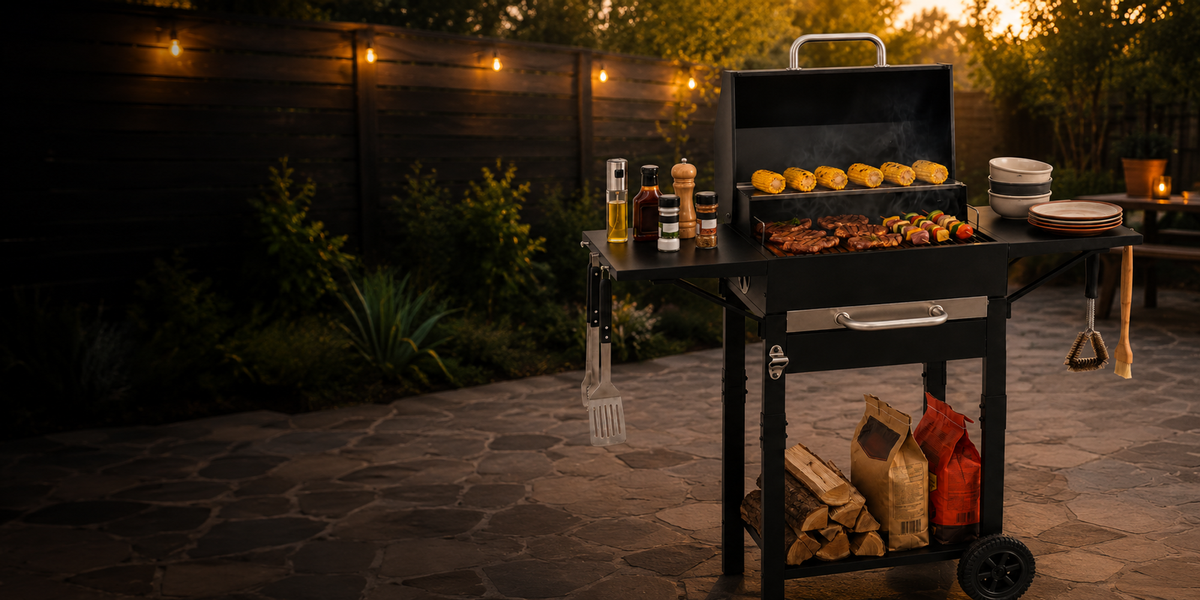 Outdoor charcoal smoker grill in a warm backyard setting
