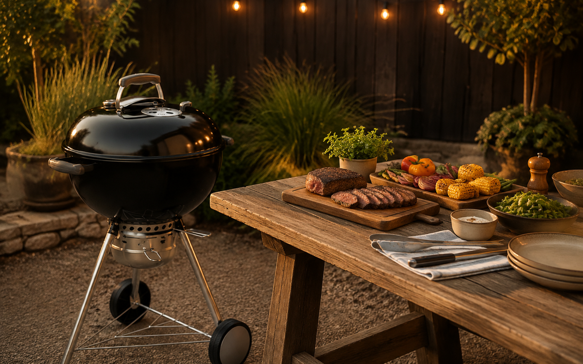 Kettle charcoal grill beside a prepared outdoor table